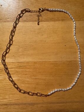 Gold Tone Chain Faux Pearl Necklace